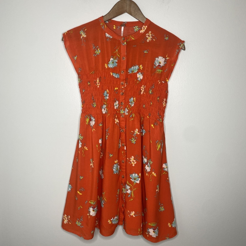 Free People Greatest Day Mini Dress Smocked Orange Floral Size XS Extra Small